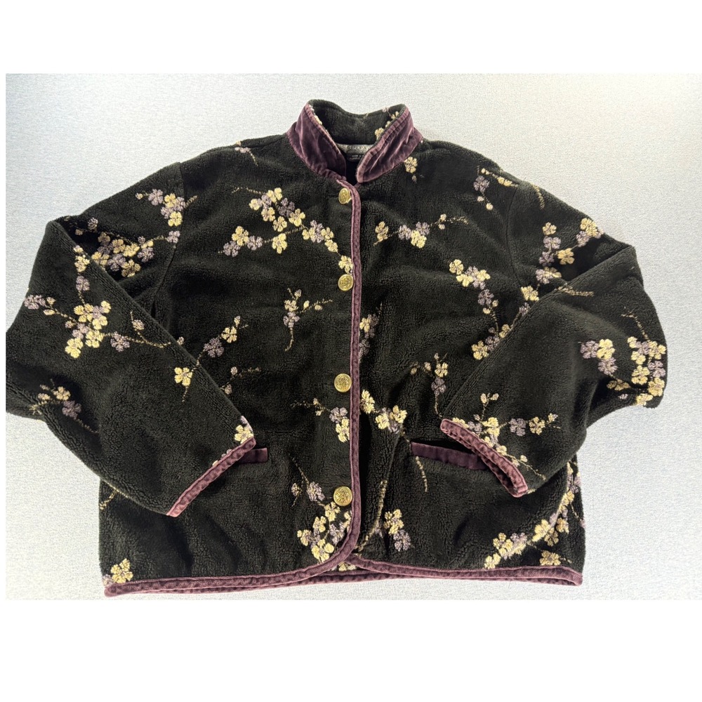 Vintage Tsunami Fleece Jacket Cherry Blossom Floral Brass Button Plum 90s XL